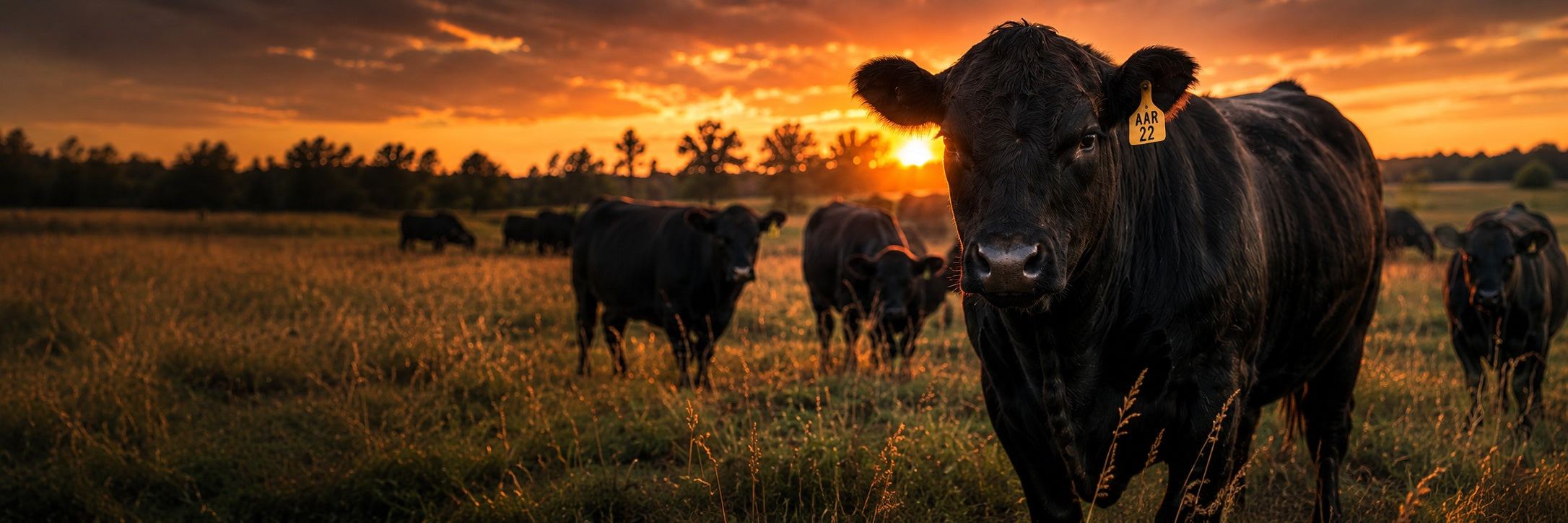 Angus cattle at sunset